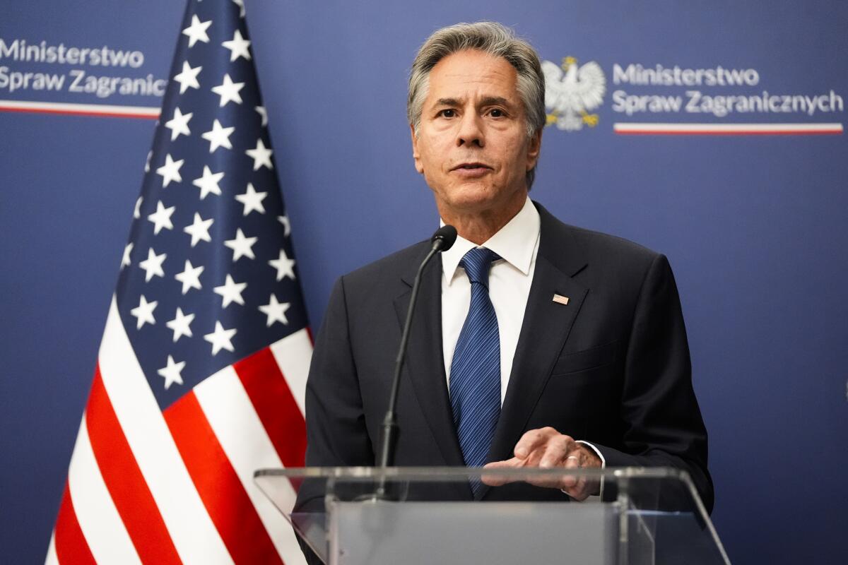 U.S. Secretary of State Antony Blinken speaks during a news conference with Polish Foreign Minister Radosław Sikorski 