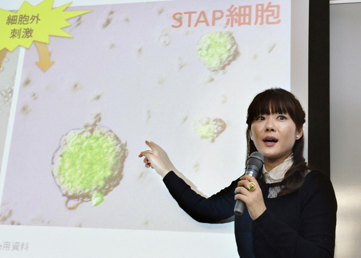 Haruko Obokata, the lead author of a now controversial stem cell paper, speaks about her research results during a news conference in Kobe, Japan.