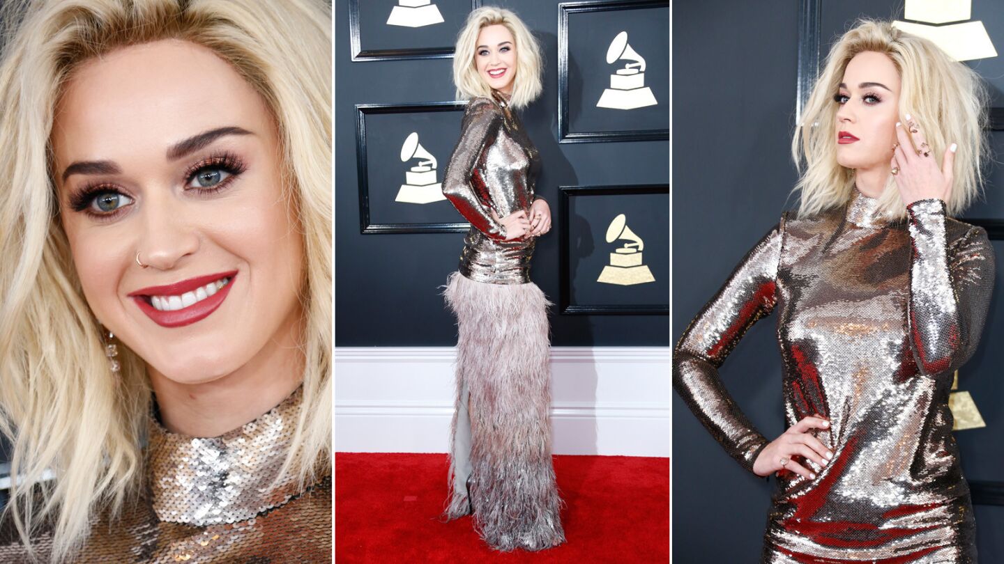 Katy Perry arrives at the 59th Grammy Awards.