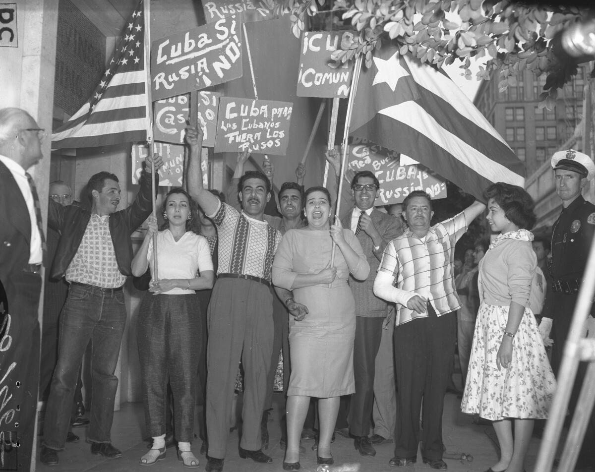 A group of people wave flags, hold signs and cheer.