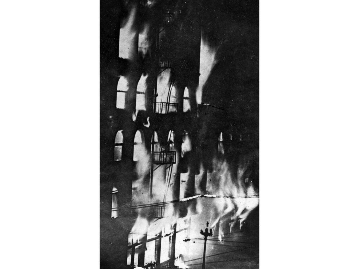 Oct. 1, 1910: Flames inside the Los Angeles Times building just a few minutes after the dynamite explosion.