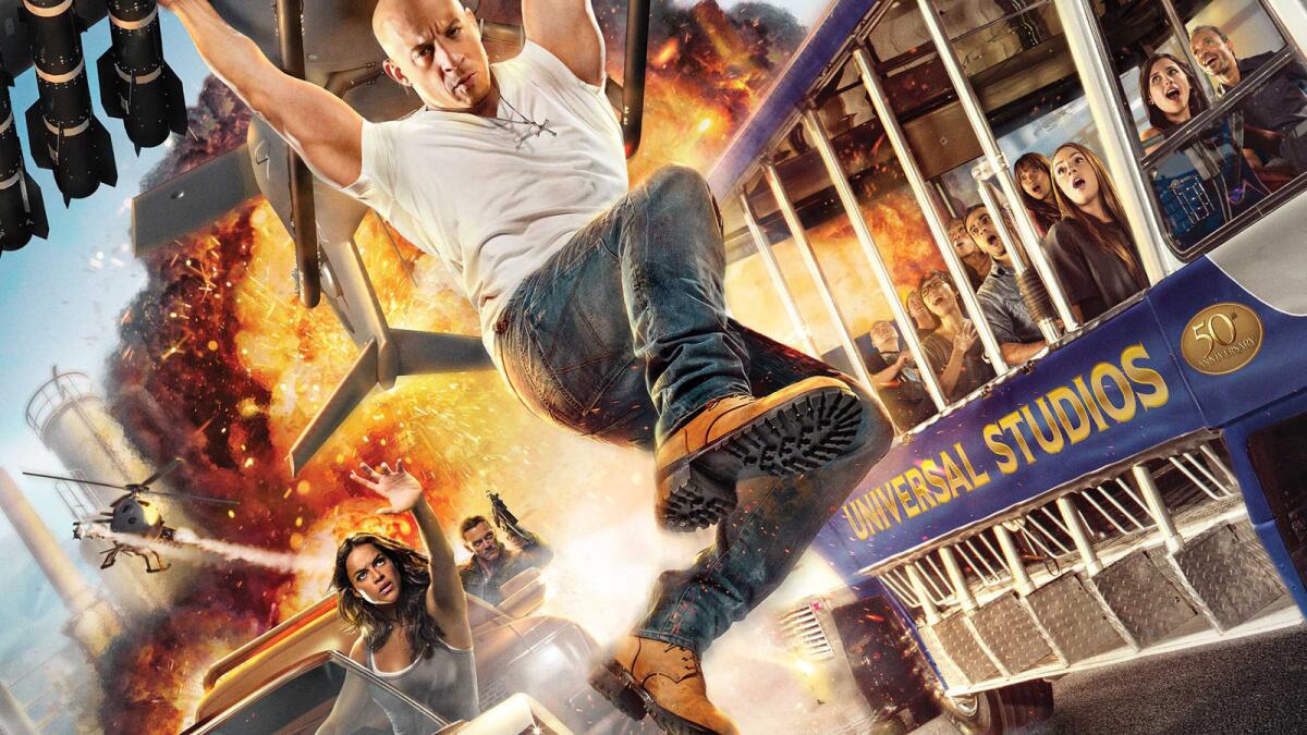 At one point in Fast & Furious: Supercharged, Dom falls from a helicopter on one side of the tram and lands on the hood of a perfectly-timed speeding car on the other side.