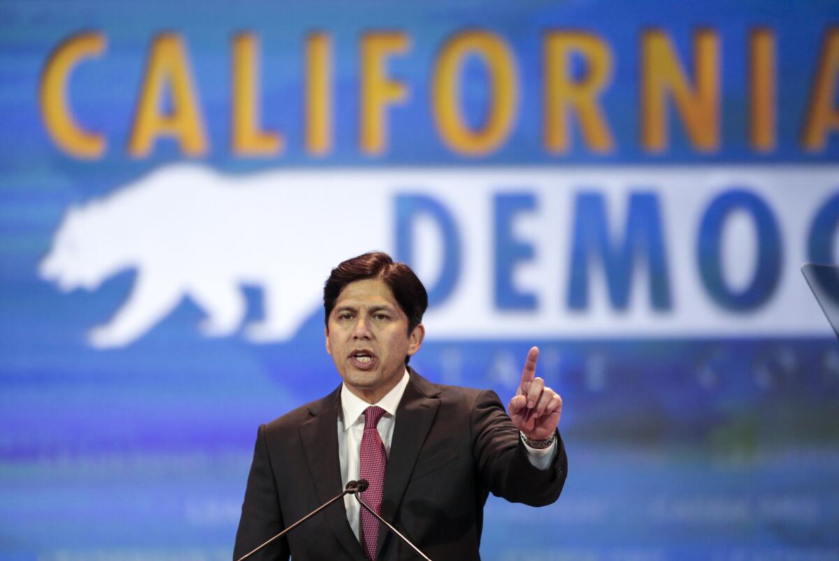 State Senate President Pro Tem Kevin de León greets supporters at the state Democrats' convention in Anaheim on May 16.