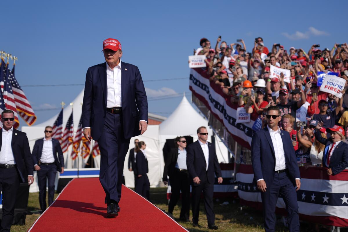 Republican presidential candidate Donald Trump arrives for a campaign rally in Butler, Pa., on Saturday.