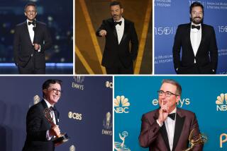 (Clockwise top left) Seth Meyers, Jimmy Kimmel, Jimmy Fallon, John Oliver, and Stephen Colbert.