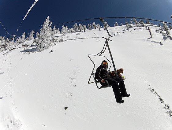 Kevin Lowdermilk, Mt. Baldy Ski Lifts operator, takes his dog for a scenic ride as he joins people flocking to enjoy the recent snowfall at the peak in the San Gabriel Mountains.