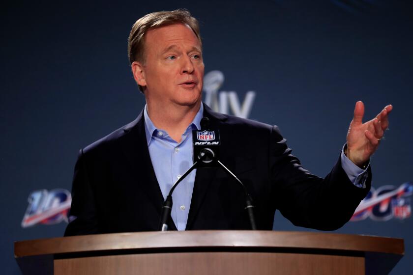 MIAMI, FLORIDA - JANUARY 29: NFL Commissioner Roger Goodell speaks to the media during a press conference prior to Super Bowl LIV at the Hilton Miami Downtown on January 29, 2020 in Miami, Florida. The San Francisco 49ers will face the Kansas City Chiefs in the 54th playing of the Super Bowl, Sunday February 2nd. (Photo by Cliff Hawkins/Getty Images)