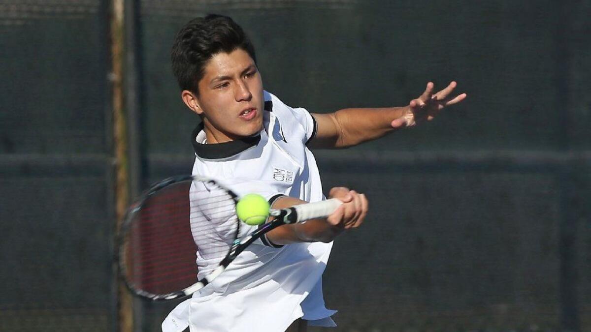 Corona del Mar High's Ryan Wessler, seen here on March 1, earned a doubles victory while partnered with Jacob Cooper in the Sea Kings' victory over Palisades in the CdM All-American Invitational on Saturday.