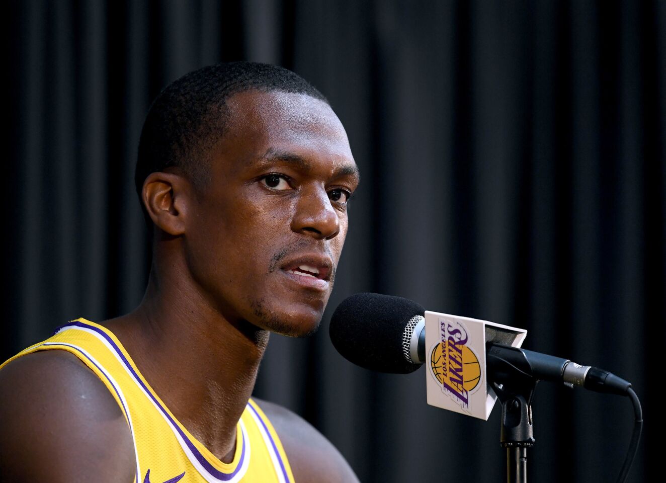 EL SEGUNDO, CA - SEPTEMBER 24: Rajon Rondo of the Los Angeles Lakers speaks to the press during the Los Angeles Lakers Media Day at the UCLA Health Training Center on September 24, 2018 in El Segundo, California. (Photo by Harry How/Getty Images) ** OUTS - ELSENT, FPG, CM - OUTS * NM, PH, VA if sourced by CT, LA or MoD **