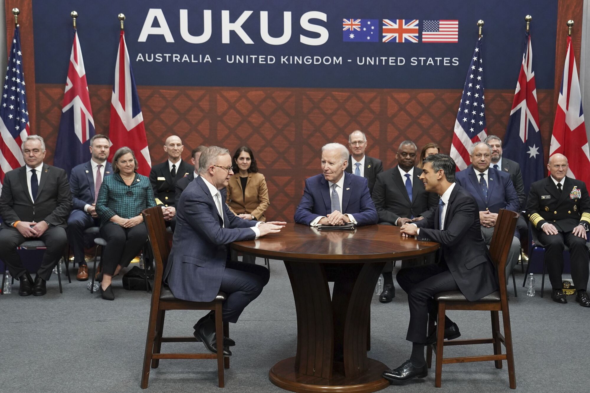 Britain's Prime Minister Rishi Sunak, right, meets with US President Joe Biden.