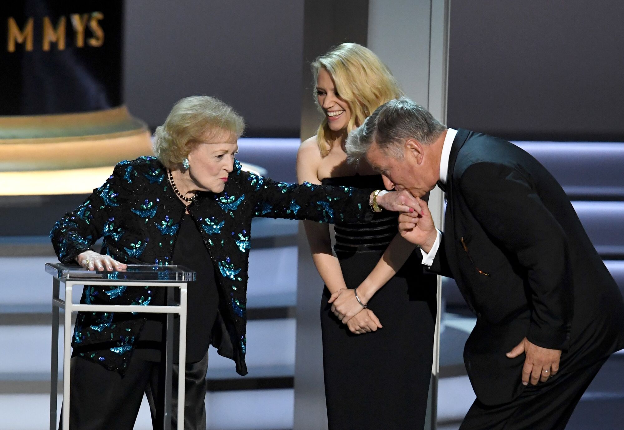 From left, Betty White, Kate McKinnon and Alec Baldwin at the 70th Emmy Awards at Microsoft Theater.