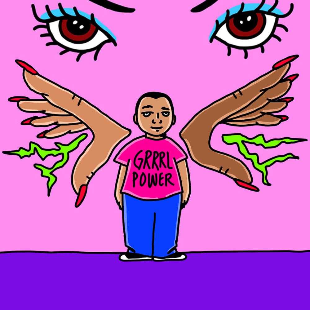 Illustration of a man wearing a shirt that says "GRRRL POWER" under a pair of eyes and hands with fingernail polish on them