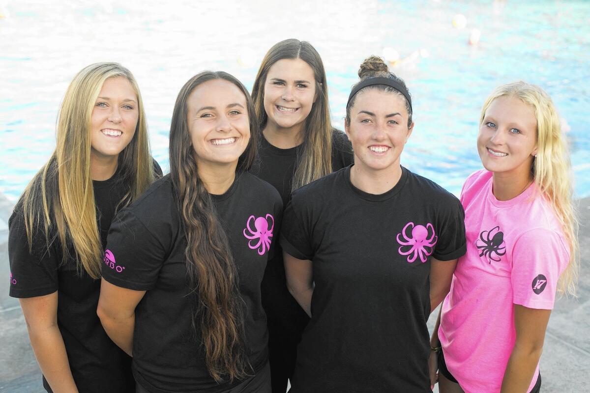 From left, Kaybree Albright (Corona del Mar), Rachel Whitelegge (Newport Harbor), Grace Morgan (CdM), Kate Pipkin (Newport Harbor) and Eliza Britt (CdM) have united to play for SET 18U in the USA Junior Olympics.