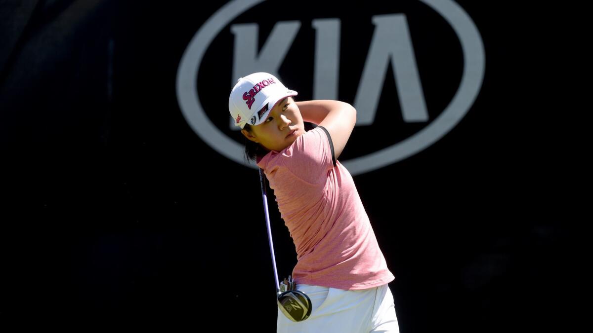 Nasa Hataoka hits her tee shot on the first hole during the third round of the Kia Classic at the Aviara Golf Club on Saturday in Carlsbad.