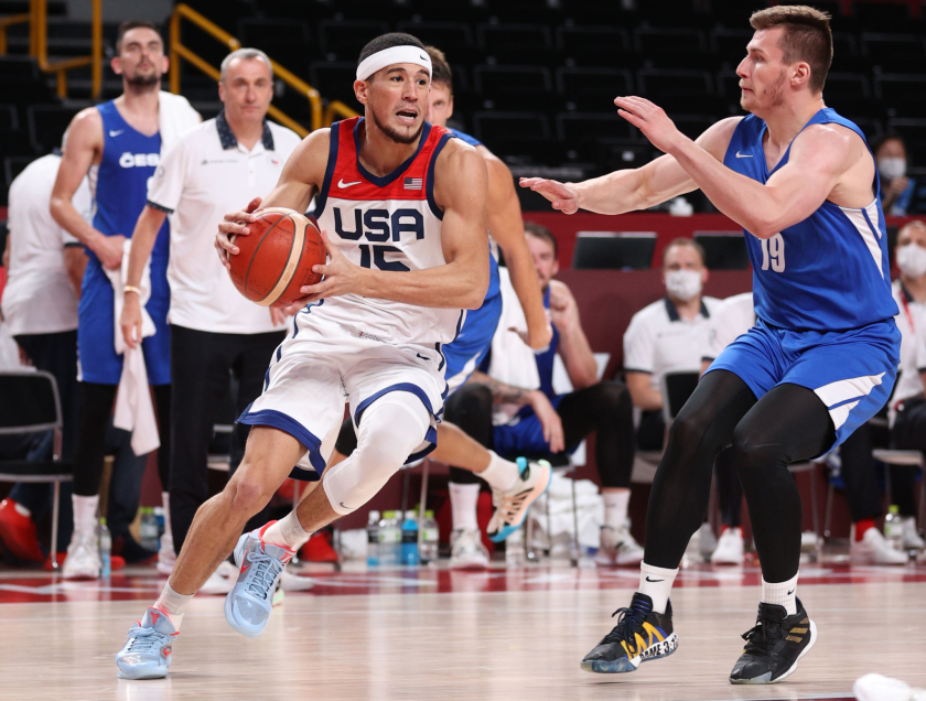 U.S. guard Devin Booker tries to drive past the Czech Republic's Ondrej Sehnal during a U.S. win on Saturday.
