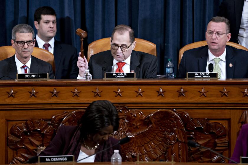 WASHINGTON, DC - DECEMBER 12: U.S. House Judiciary Committee Chairman Jerry Nadler (D-NY) (C) gavels to an adjournment the committee hearing on the articles of impeachment against President Donald Trump as ranking member Doug Collins (R-GA) (R) looks on at the Longworth House Office Building on Thursday December 12, 2019 in Washington, DC. House Democrats charge Trump poses a 'clear and present danger' to national security and the 2020 election in his dealings with Ukraine over the past year. (Photo by Andrew Harrer - Pool/Getty Images)