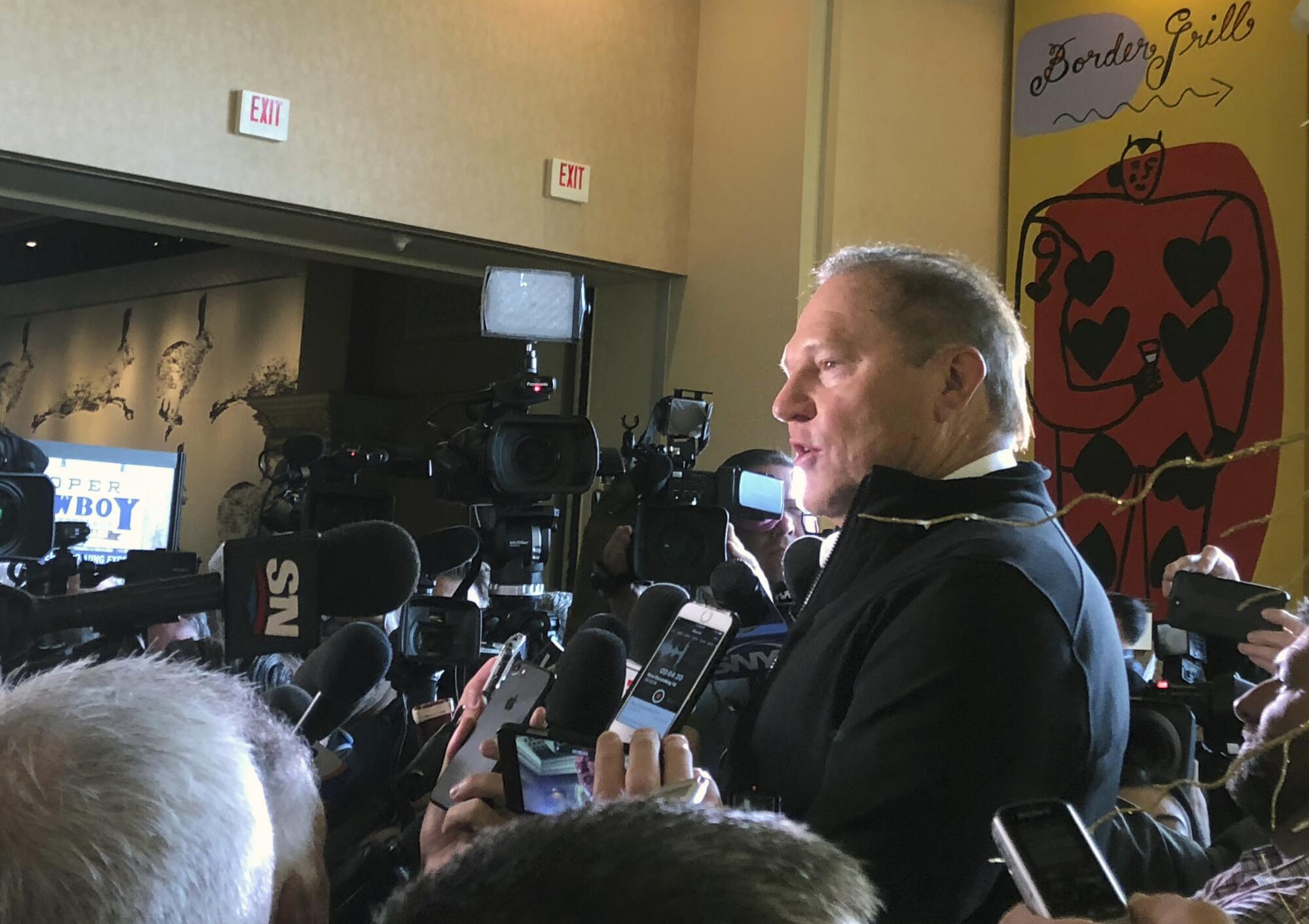 Scott Boras speaks to reporters during the baseball winter meetings Dec. 12, 2018, in Las Vegas.