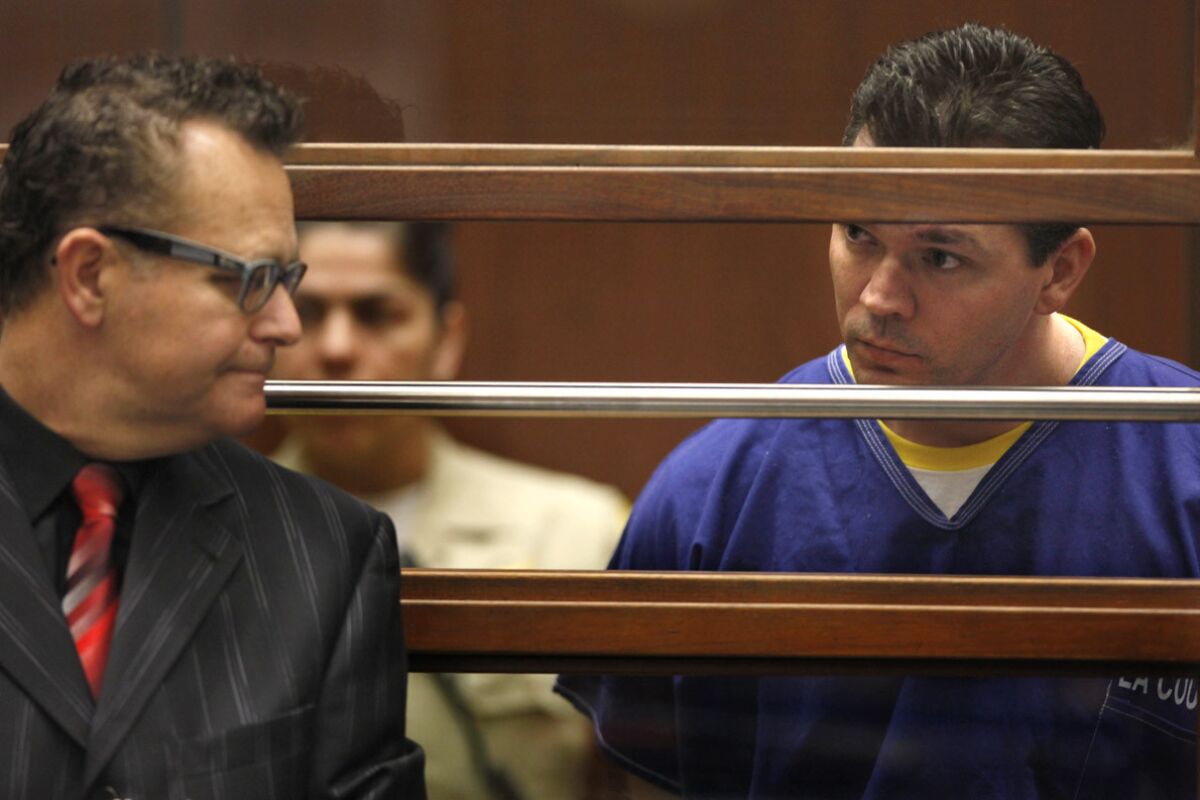 John Creech, right, charged with murder in the death of 20th Century Fox executive Gavin Smith, appears in Los Angeles County Superior Court with his attorney, Alex Kessel, during his arraignment Feb. 26.