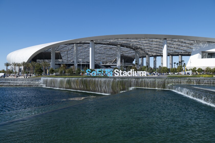 General view of SoFi Stadium, the home of the Los Angeles Rams before an NFL football game between the Los Angeles Rams and the Chicago Bears Sunday, Sept. 12, 2021, in Inglewood, Calif. (AP Photo/Kyusung Gong)