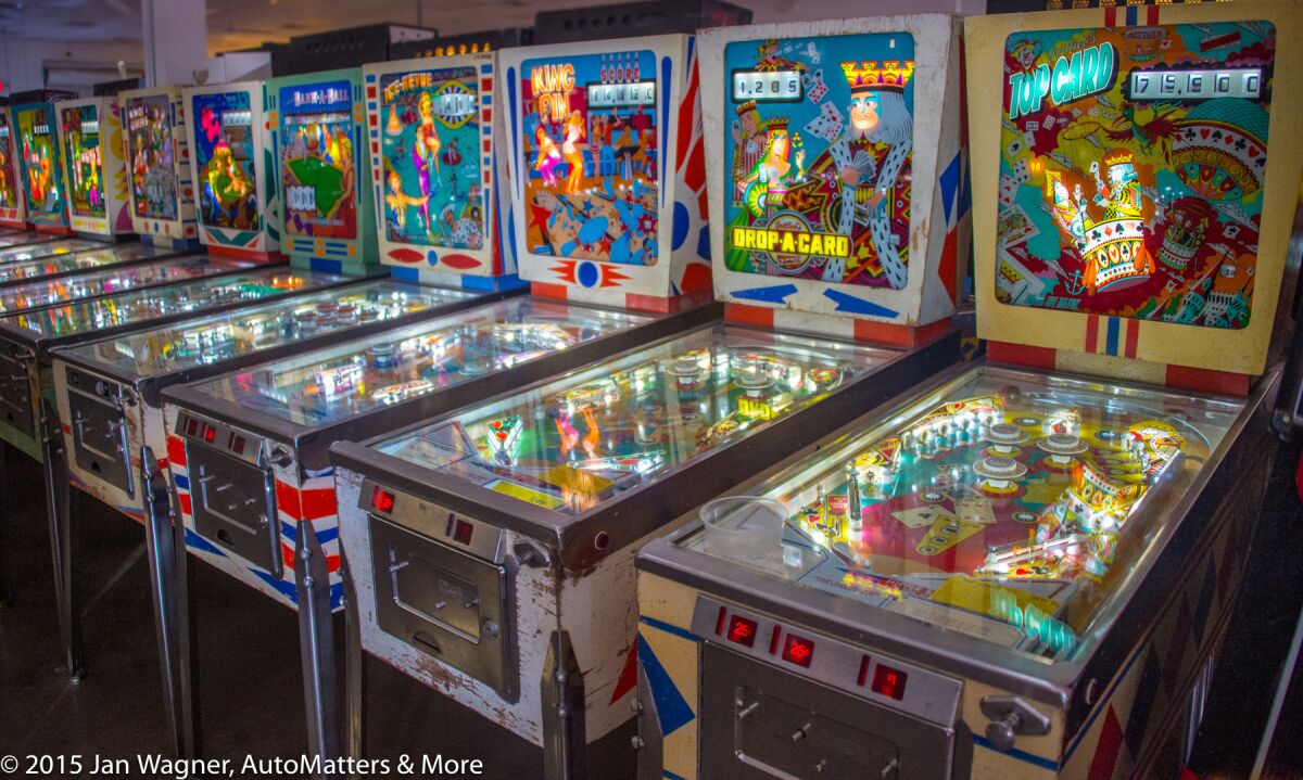 Row of vintage pinball machines at the Pinball Hall of Fame