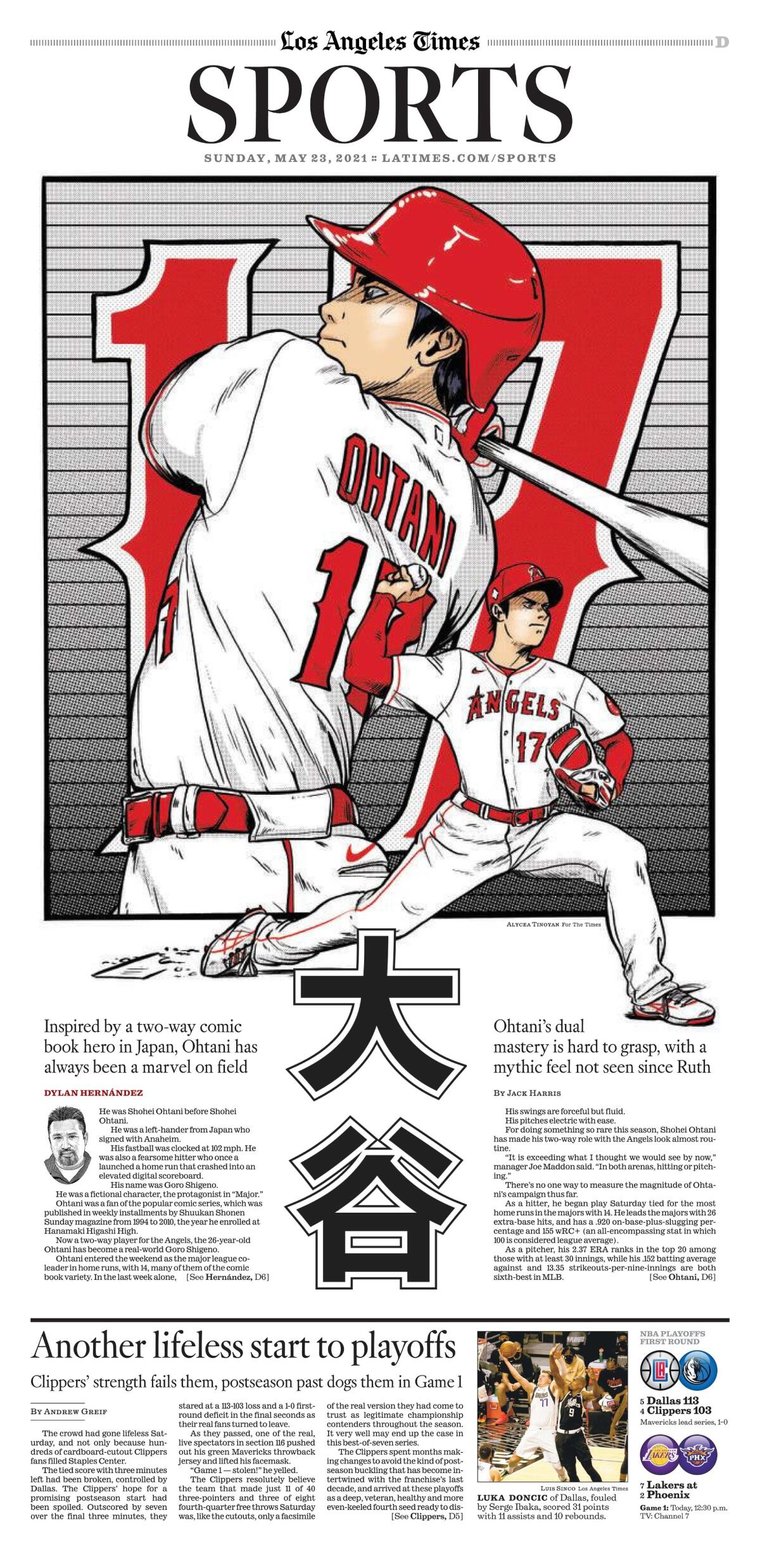 A copy of the Los Angeles Times sports cover featuring an anime-inspired drawing of Shohei Ohtani