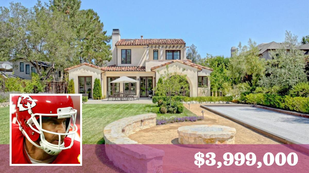 Former San Francisco 49ers quarterback Alex Smith, now with the Kansas City Chiefs, has put his home in Monte Sereno, Calif., on the market for $3.999 million.