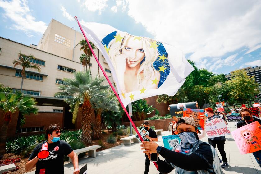 LOS ANGELES, CALIFORNIA - APRIL 27: #FreeBritney activists protest outside Courthouse in Los Angeles during Conservatorship Hearing on April 27, 2021 in Los Angeles, California. (Photo by Matt Winkelmeyer/Getty Images)