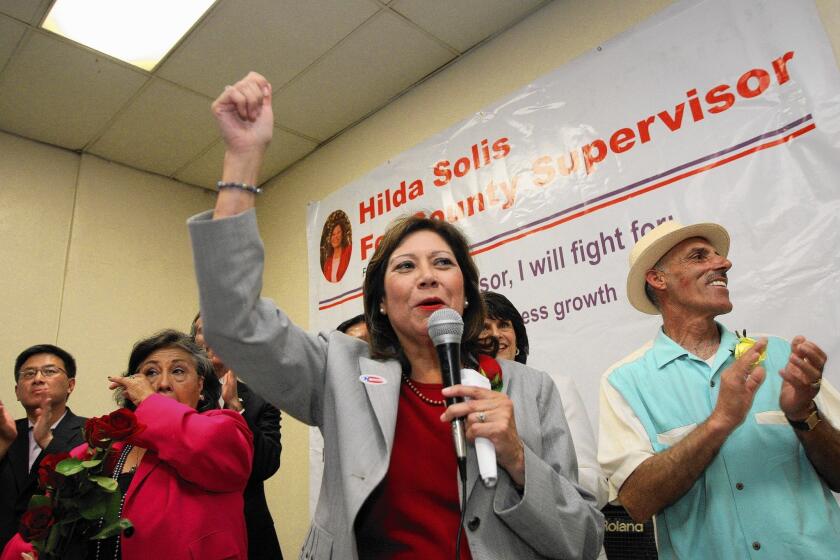 Los Angeles County Supervisor-elect Hilda Solis speaks after the June election. Solis is under investigation for possible illegal fundraising while she was a President Obama's labor secretary.