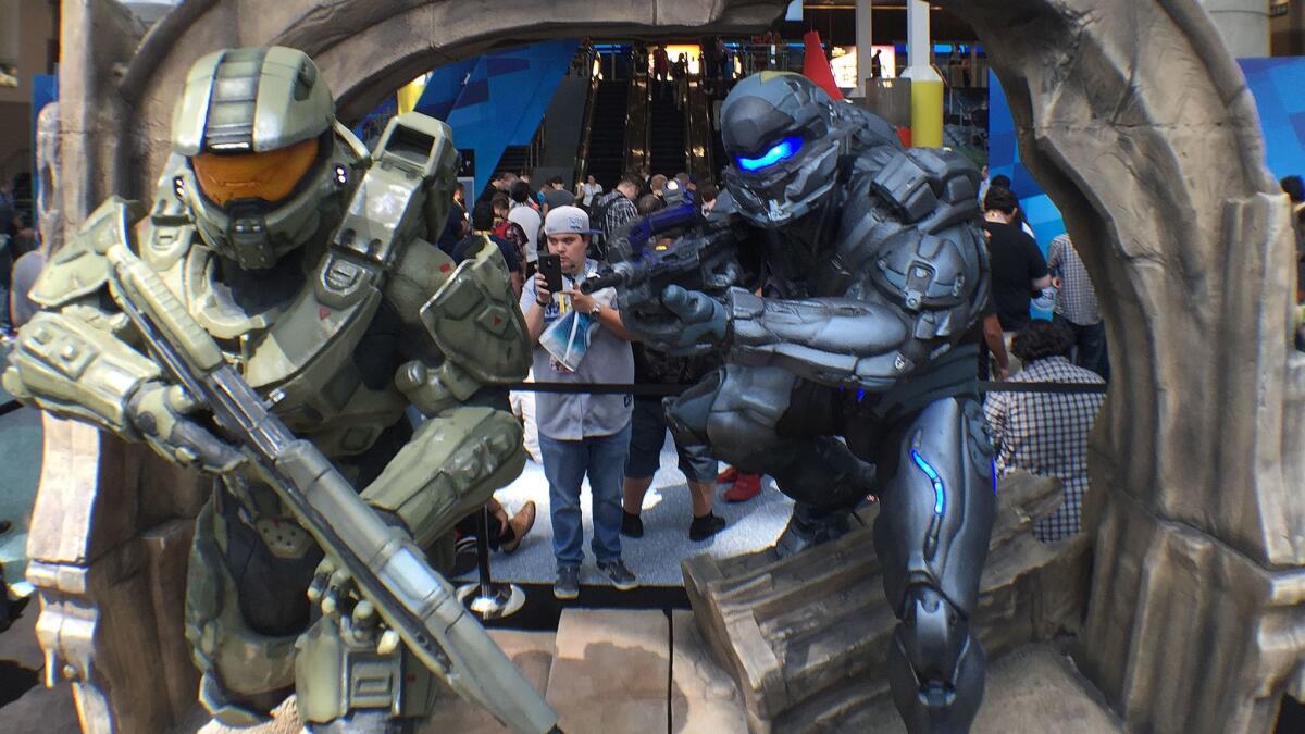 A display for "Halo 5: Guardians" at a video game convention in Los Angeles.