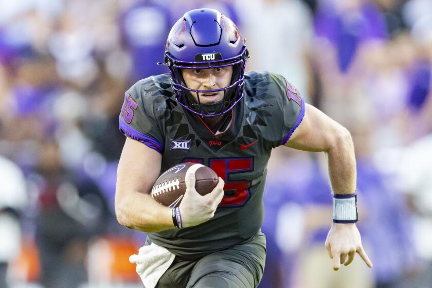 TCU quarterback Max Duggan (15) is seen during an NCAA football game against Oklahoma State.