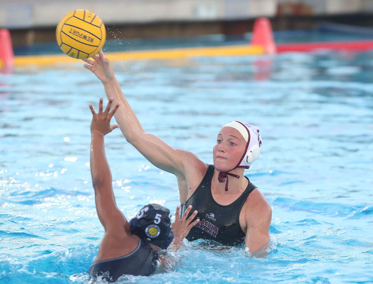 Laguna's Ava Knepper (12) converts for a goal against Newport Harbor on Tuesday.
