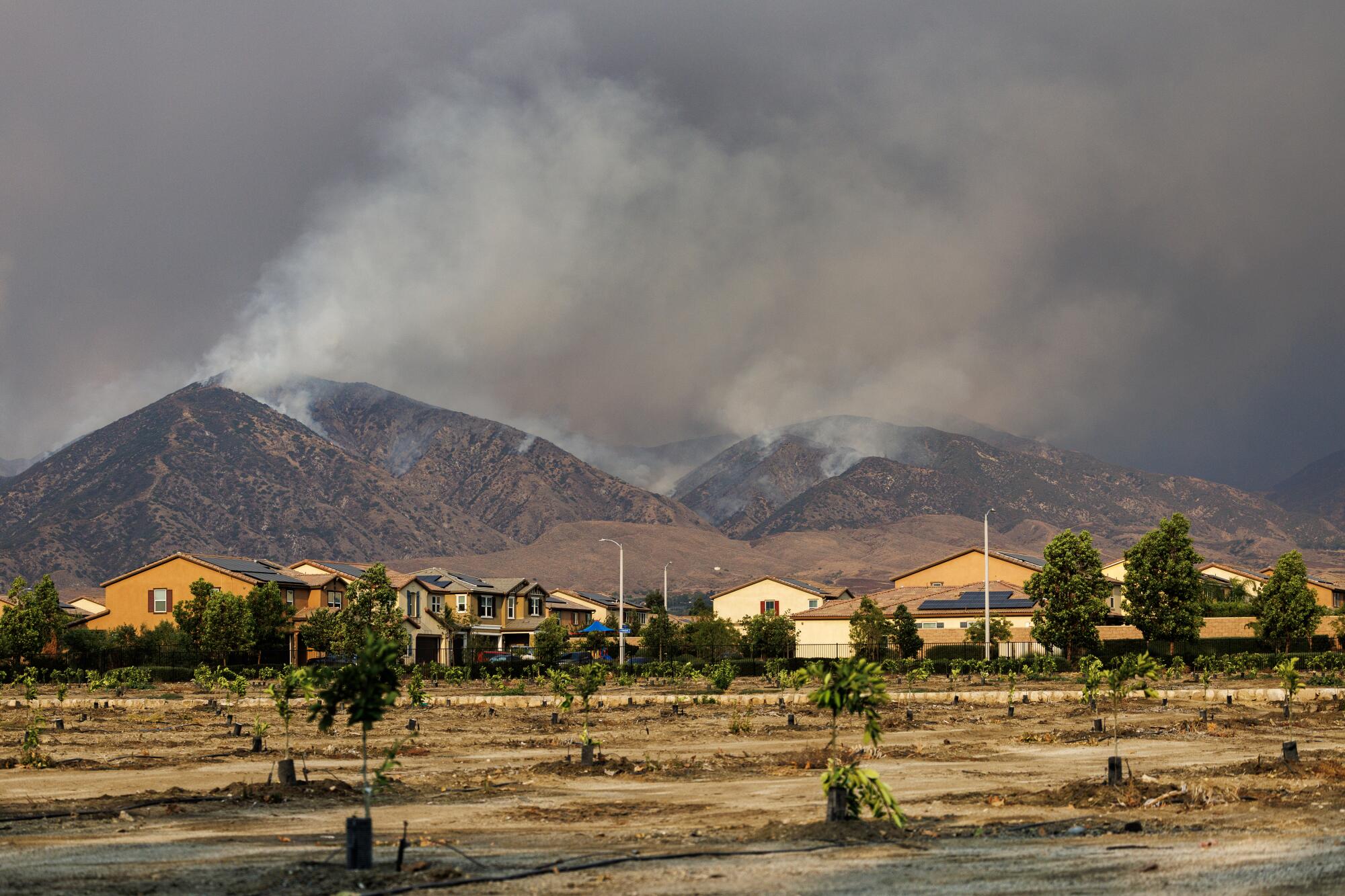 Smoke rises from a hillside behind residences