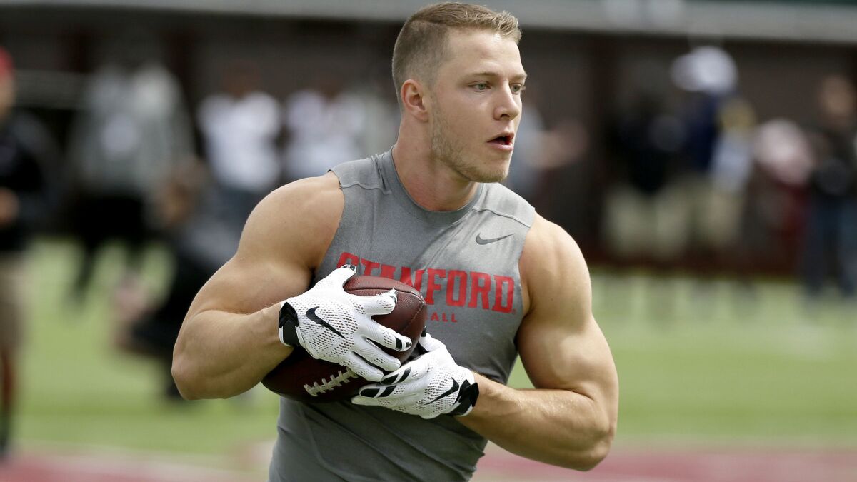 Stanford running back Christian McCaffrey during NFL football pro day on March 23.