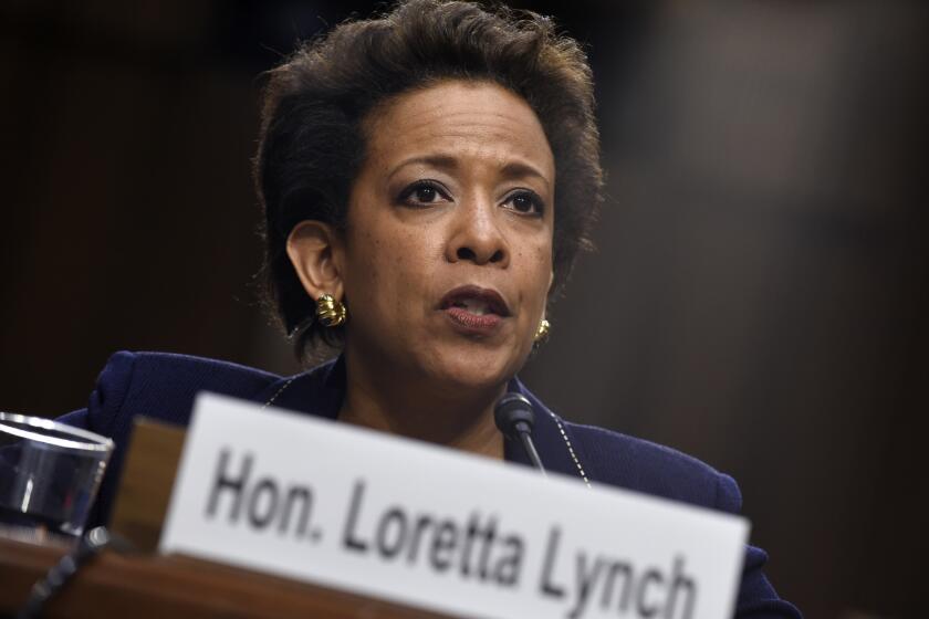 In this Jan. 28, 2015 photo, Attorney General nominee Loretta Lynch testifies on Capitol Hill in Washington.