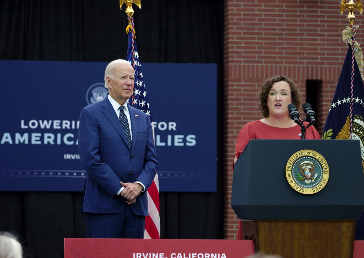 U.S. Rep. Katie Porter introduces President Joe Biden, who spoke at Irvine Valley College on Friday.