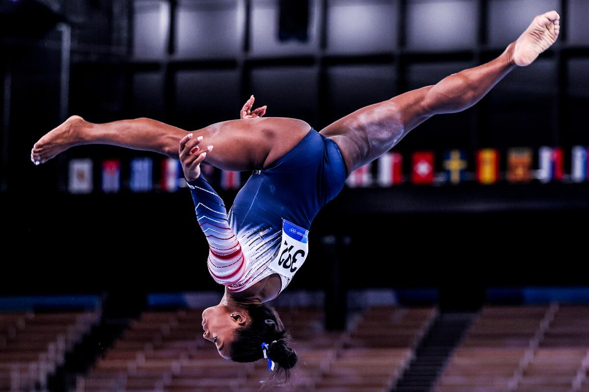 U.S. gymnast Simone Biles performs in the women's balance beam final at the Tokyo Olympics on Tuesday.