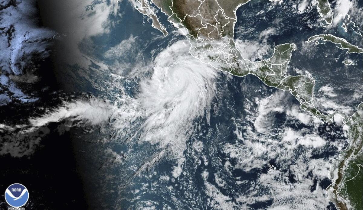 A satellite image shows Hurricane Hilary off the Pacific coast of Mexico.