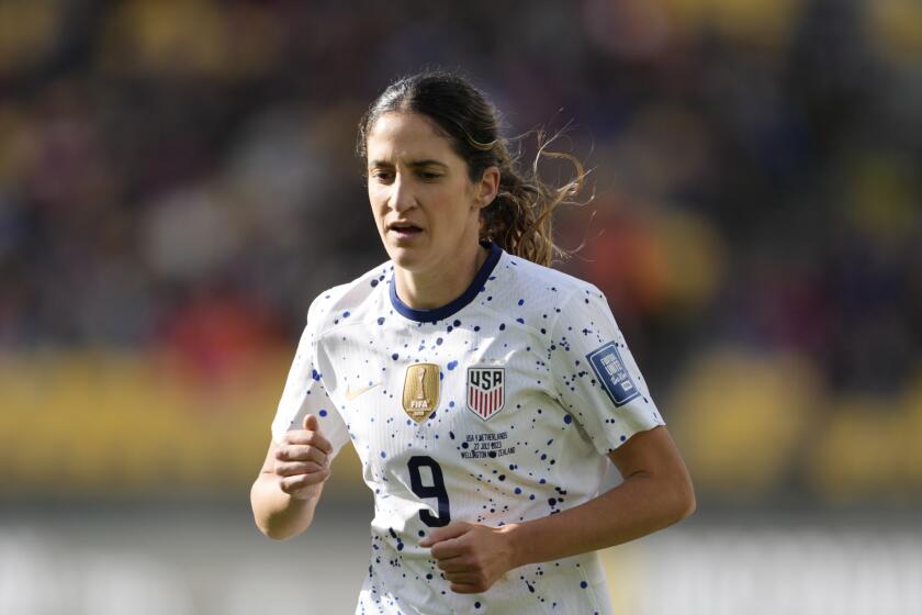 United States' Savannah DeMelo in action during the FIFA Women's World Cup Group E soccer match between the United States and the Netherlands in Wellington, New Zealand, Thursday, July 27, 2023. (AP Photo/John Cowpland)