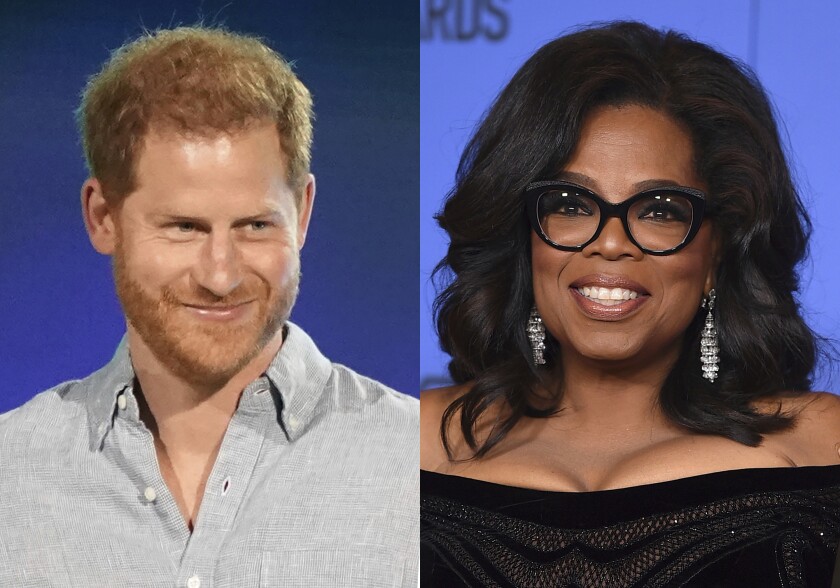 Prince Harry, Duke of Sussex speaks at "Vax Live: The Concert to Reunite the World" in Inglewood, Calif. on May 2, 2021, left, and Oprah Winfrey appears at the 75th annual Golden Globe Awards in Beverly Hills, Calif. on Jan. 7, 2018. Winfrey and Prince Harry are teaming up for a series that will delve into mental health issues and feature segments from athletes and stars like Lady Gaga and Glenn Close. The streaming service Apple TV+ plus announced Monday that the multi-part documentary series “The Me You Can’t See” will debut on May 21. (AP Photo)