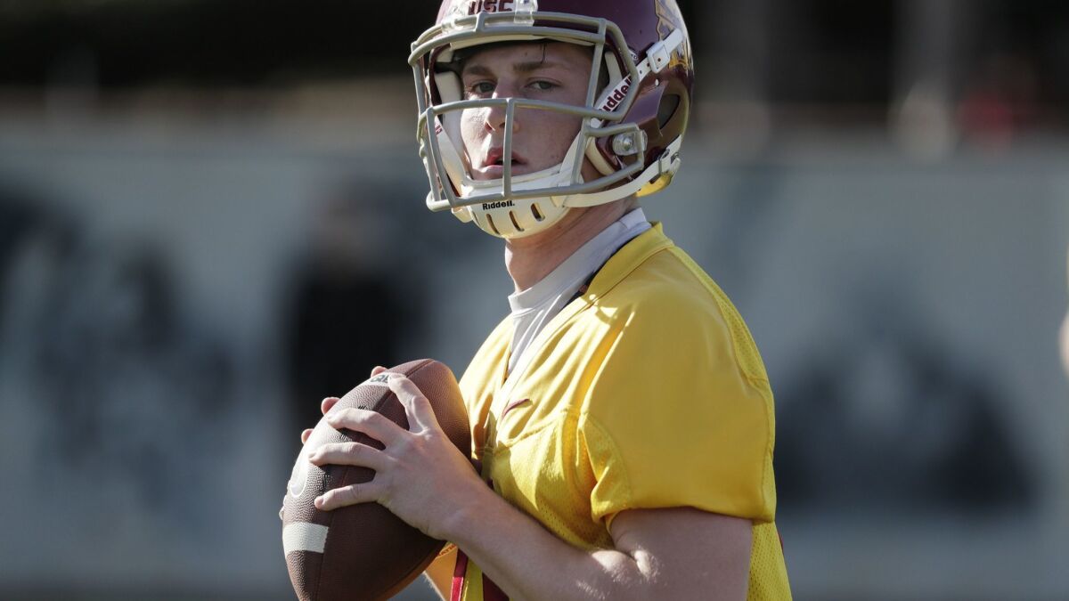 Quarterback Jack Sears prepares to throw a pass during spring practice at USC's Howard Jones Field in March.