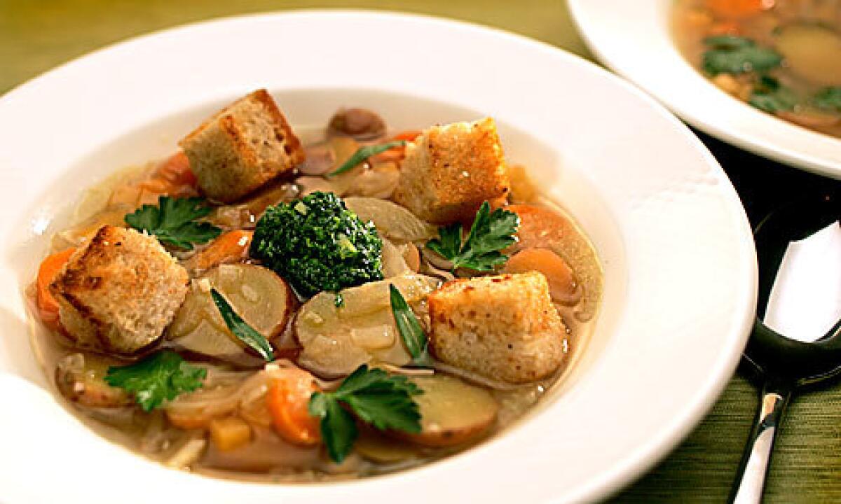 SOUP'S ON: Vegetables in an aromatic broth, topped with crisped croutons. What could be more filling for dinner?