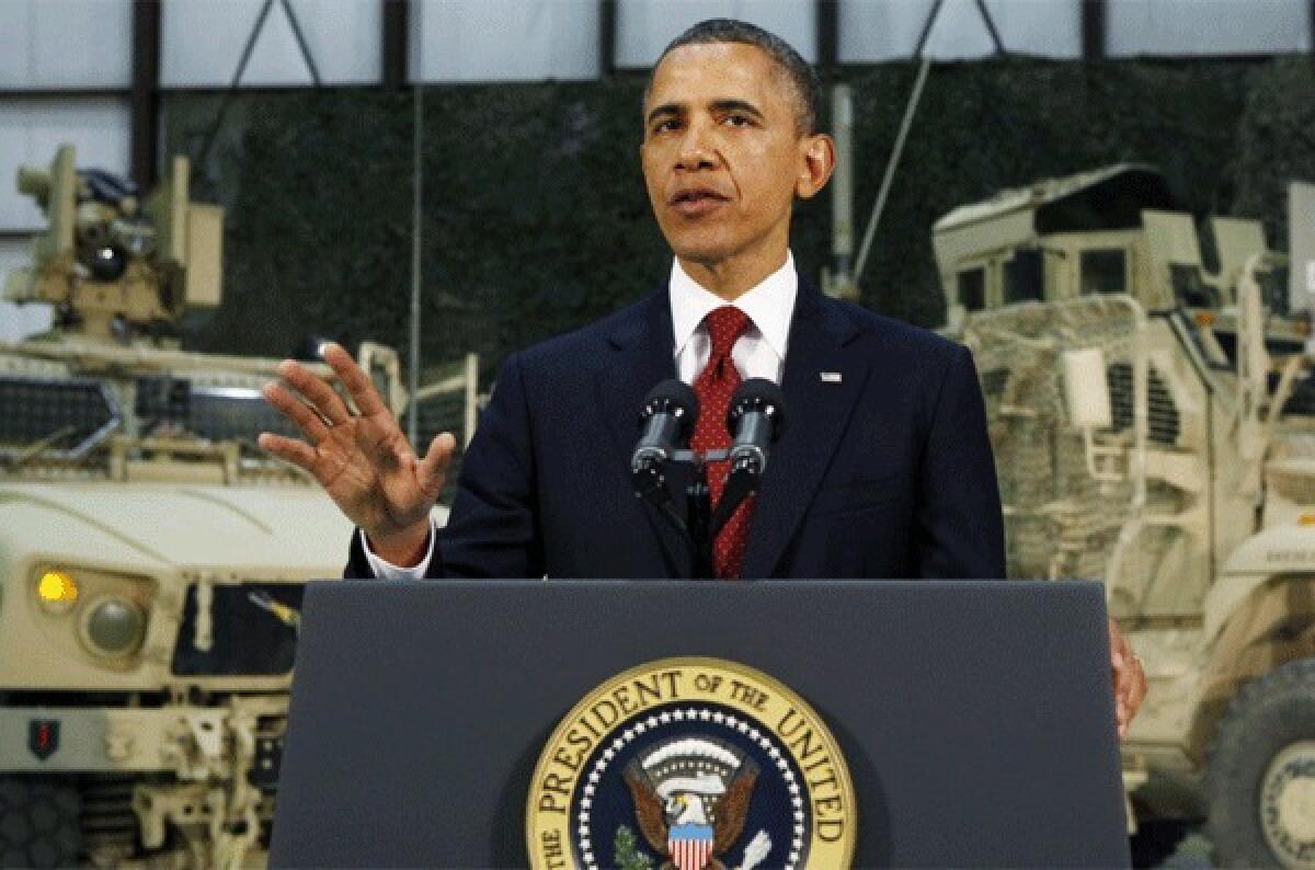 President Obama delivers an address to the American people on U.S. policy and the war in Afghanistan during his visit to Bagram Air Base in Kabul, Afghanistan.