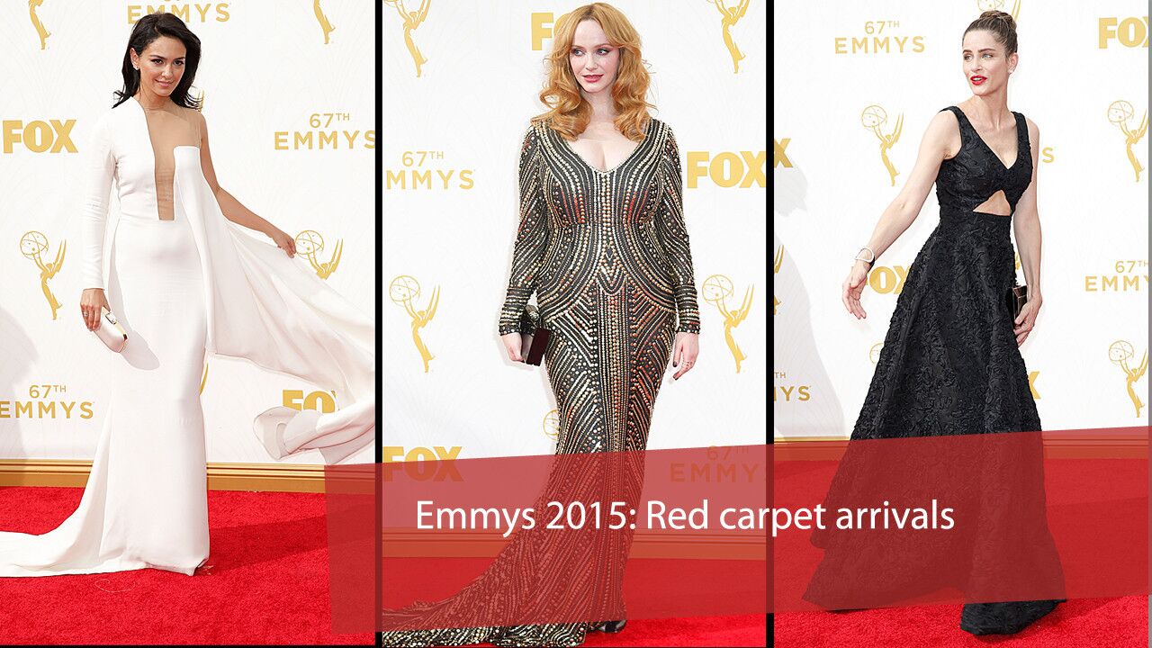 Arrivals for the 67th Primetime Emmy Awards at the Microsoft Theater in Los Angeles. Pictured: Nazanin Boniadi, from left, Christina Hendricks and Amanda Peet on the red carpet.