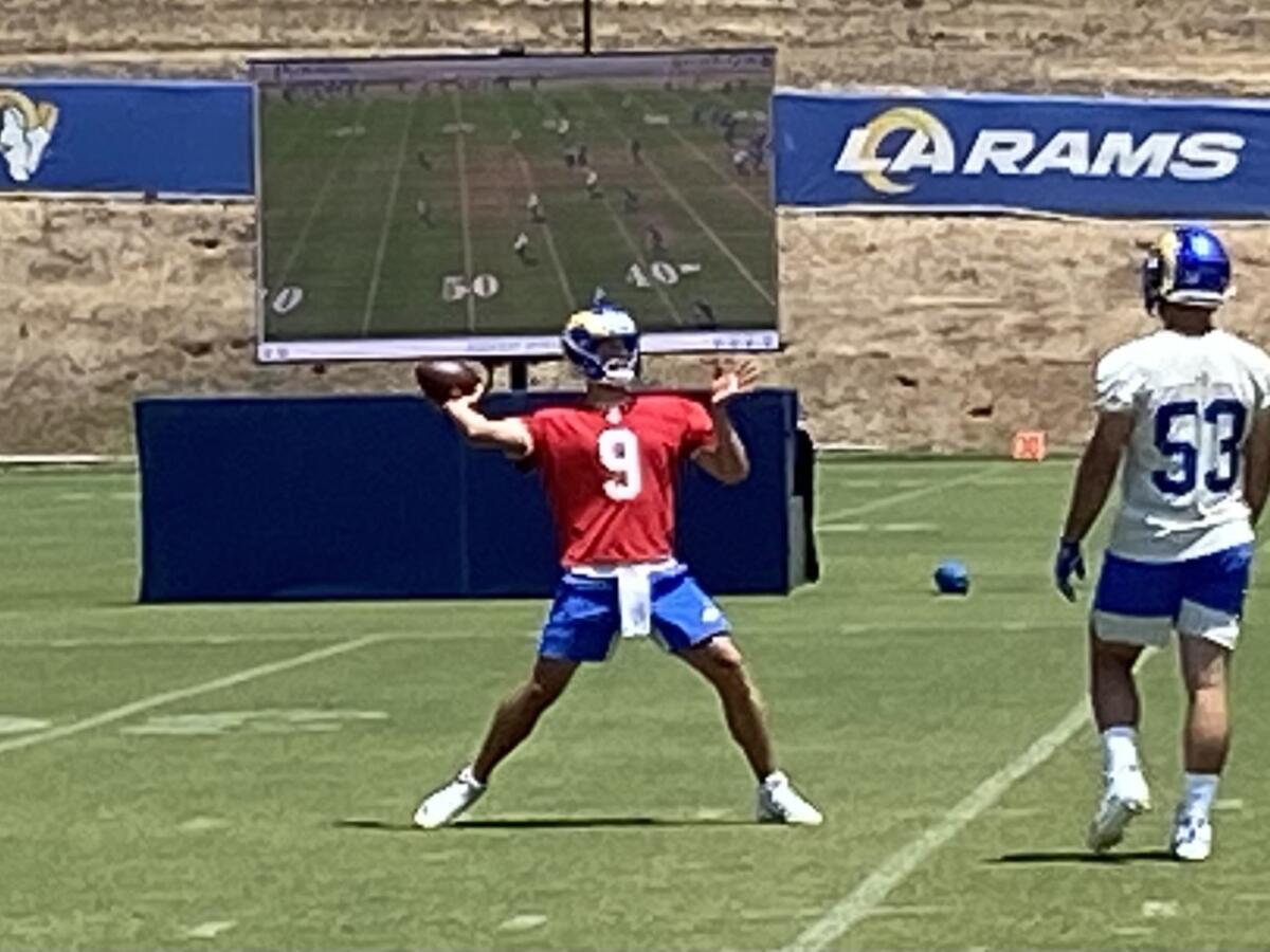 New Rams quarterback Matthew Stafford throws during minicamp.