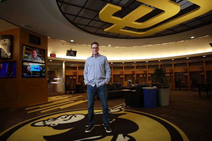 Padres manager Bob Melvin stands in the clubhouse at Petco Park.