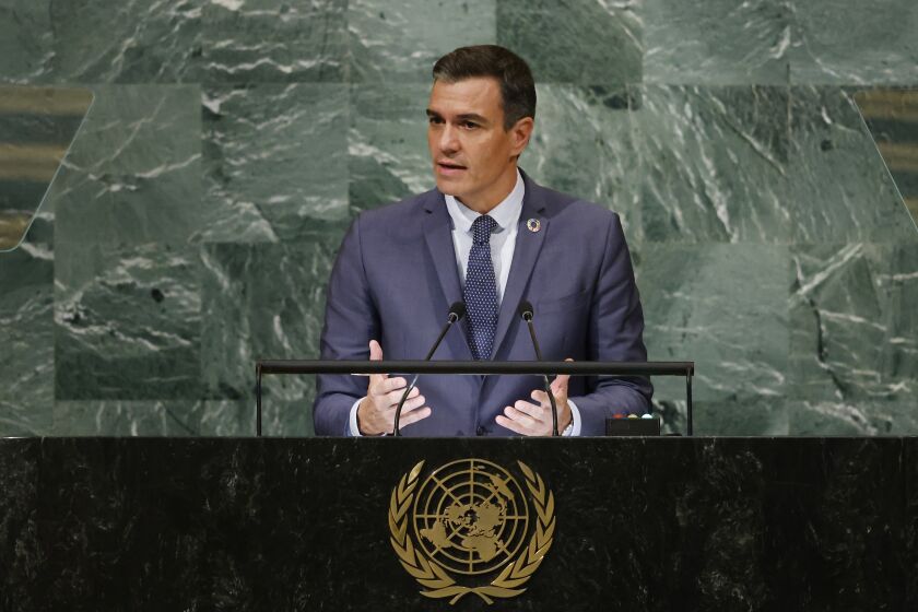 President of Spain Pedro Sanchez addresses the 77th session of the United Nations General Assembly, at U.N. headquarters, Thursday, Sept. 22, 2022. (AP Photo/Jason DeCrow)