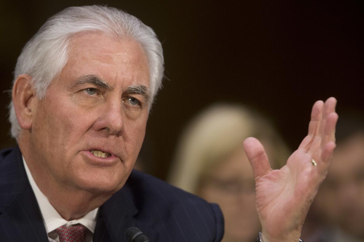 Rex Tillerson, Trump’s choice for secretary of State, testifies on Capitol Hill Wednesday.