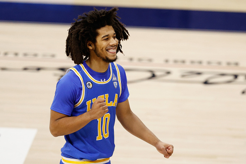 UCLA guard Tyger Campbell celebrates an 81-76 win at Arizona on Jan. 9, 2021.