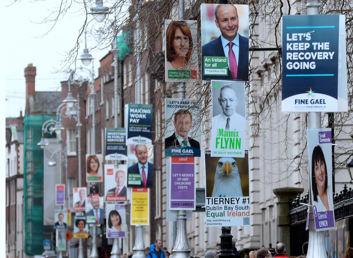 Campaign posters on lampposts in Dublin, Ireland, on February 21, 2016.