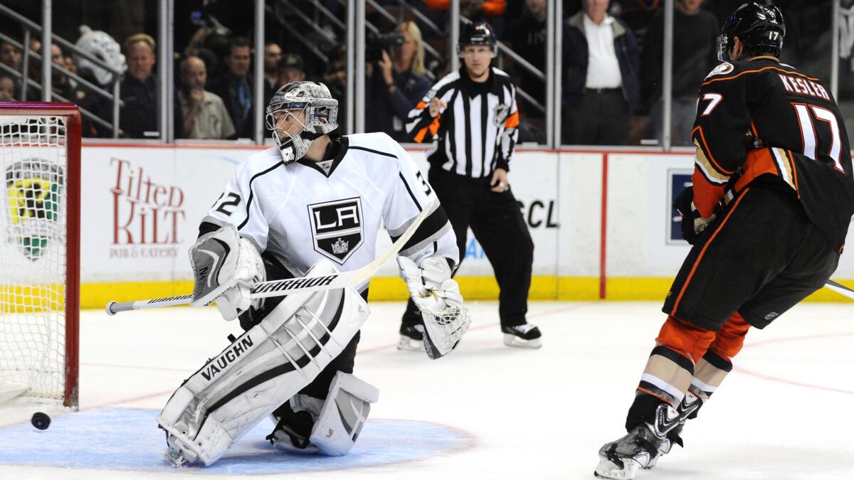 Ducks forward Ryan Kesler, right, scores past Kings goalie Jonathan Quick during the shootout to help lift the Ducks to a 6-5 win Wednesday at Honda Center.